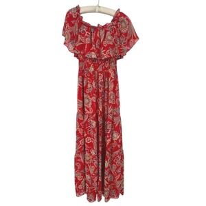 Rabbit Rabbit Rabbit Designs‎ Red Floral Paisley Off Shoulder Maxi Dress Size 6